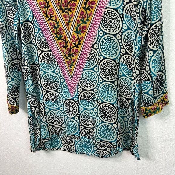 Tolani Multicolor Katarina Silk Printed Hooded Tunic V Neck Women’s Small - Picture 3 of 13